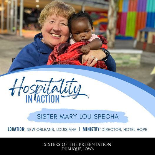 Sr Mary Lou and a child promoting the Hospitality in Action event
